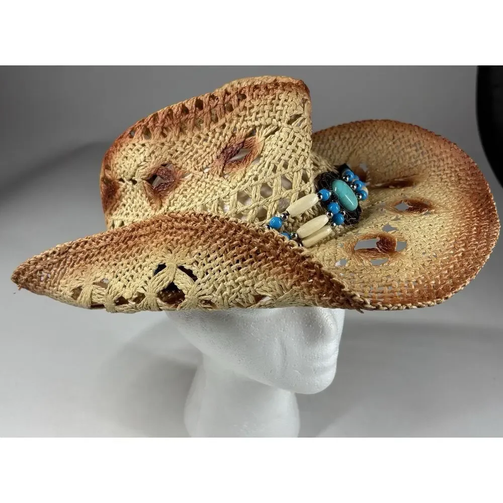 Fluffy Sense Straw Cowboy Hat Women Western Boho Turquoise Beaded Festival NWT - Picture 2 of 10